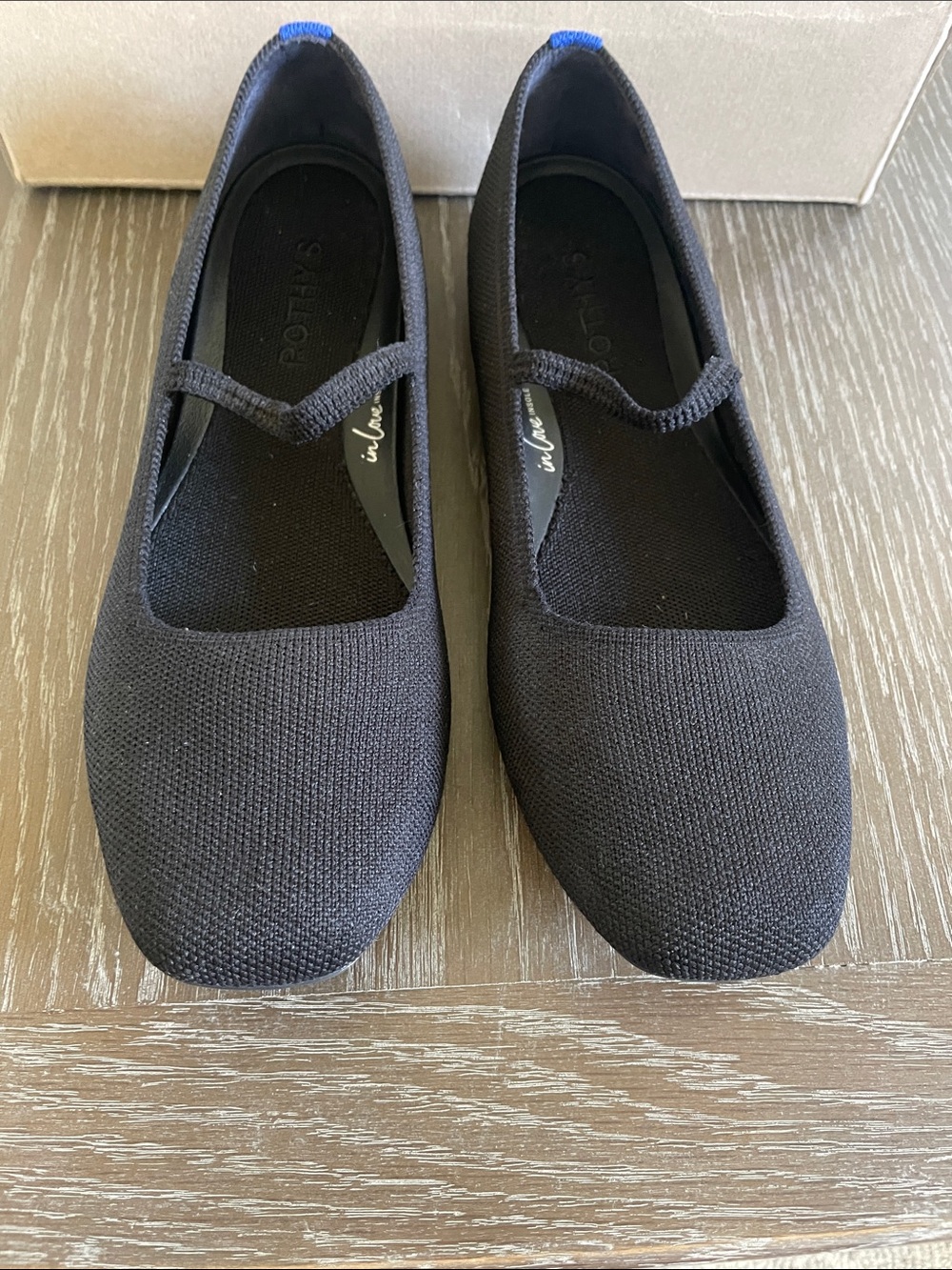 Rothy's Black Knit Mary Jane Flats with Blue Heel Tab - Picture 3 of 3